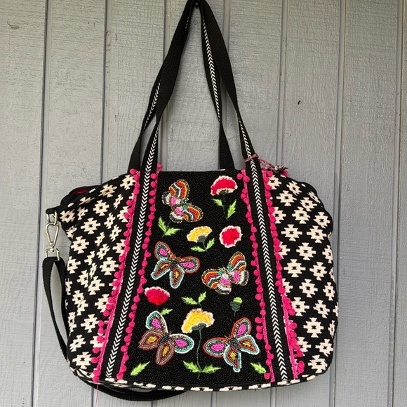 America and Beyond Butterfly Embroidered Black and Pink Tote Bag - Picture 1 of 11